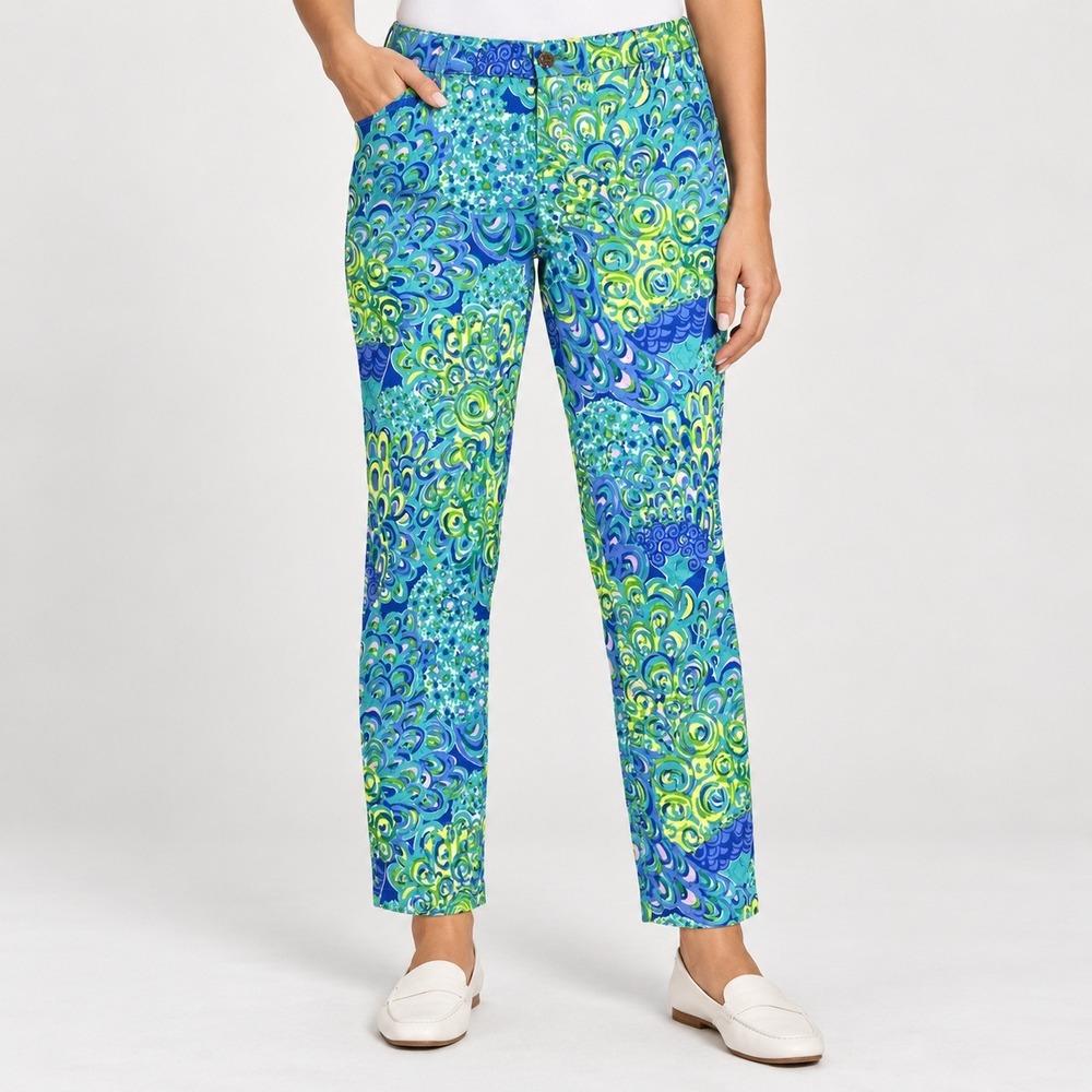 Lilly Pulitzer Kelly Ankle Pants Blue Green Peacock Swirl Print Size 14